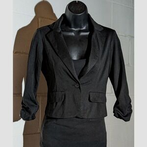 Flirtatious Black 3/4 Ruched Sleeve Cropped Blazer Jacket Career Business Small